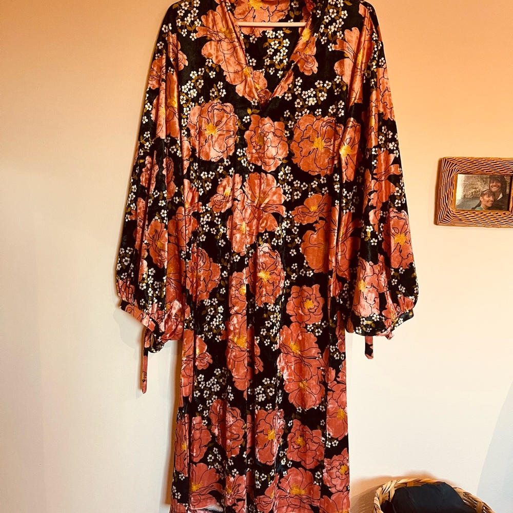 Zara Floral Long Sleeve Dress in Pink and Black Velvet Balloon Sleeves - Picture 3 of 5
